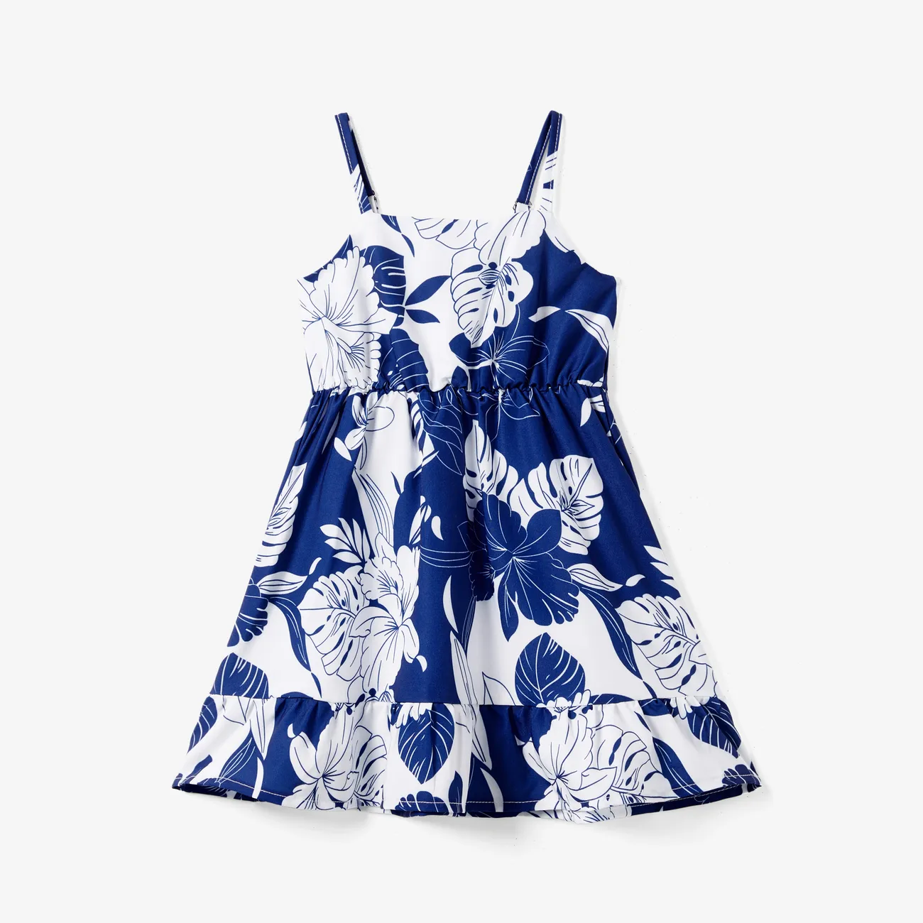 Family Matching Floral Beach Shirt and A-Line Ruffle Hem Strap Dress Sets royalblue big image 1