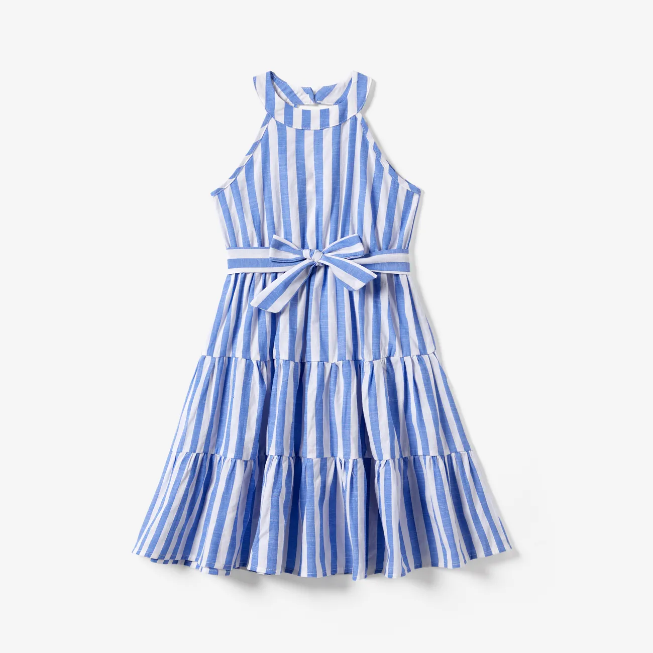 Family Matching Stripe Shirt and High Neck Halter Tiered Tassel Trim Dress Sets Blue big image 1