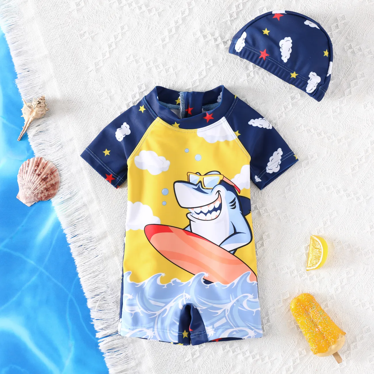 2pcs Baby Boys Childlike Shark  Tight Swimwear with Stand Collar Top and Hat Set  Blue big image 1