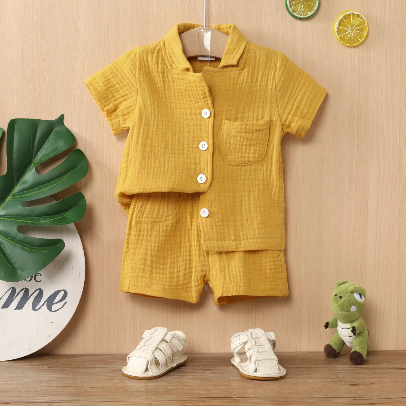 2件 嬰兒 男 襟貼 休閒 短袖 嬰兒套裝 黃色 big image 1