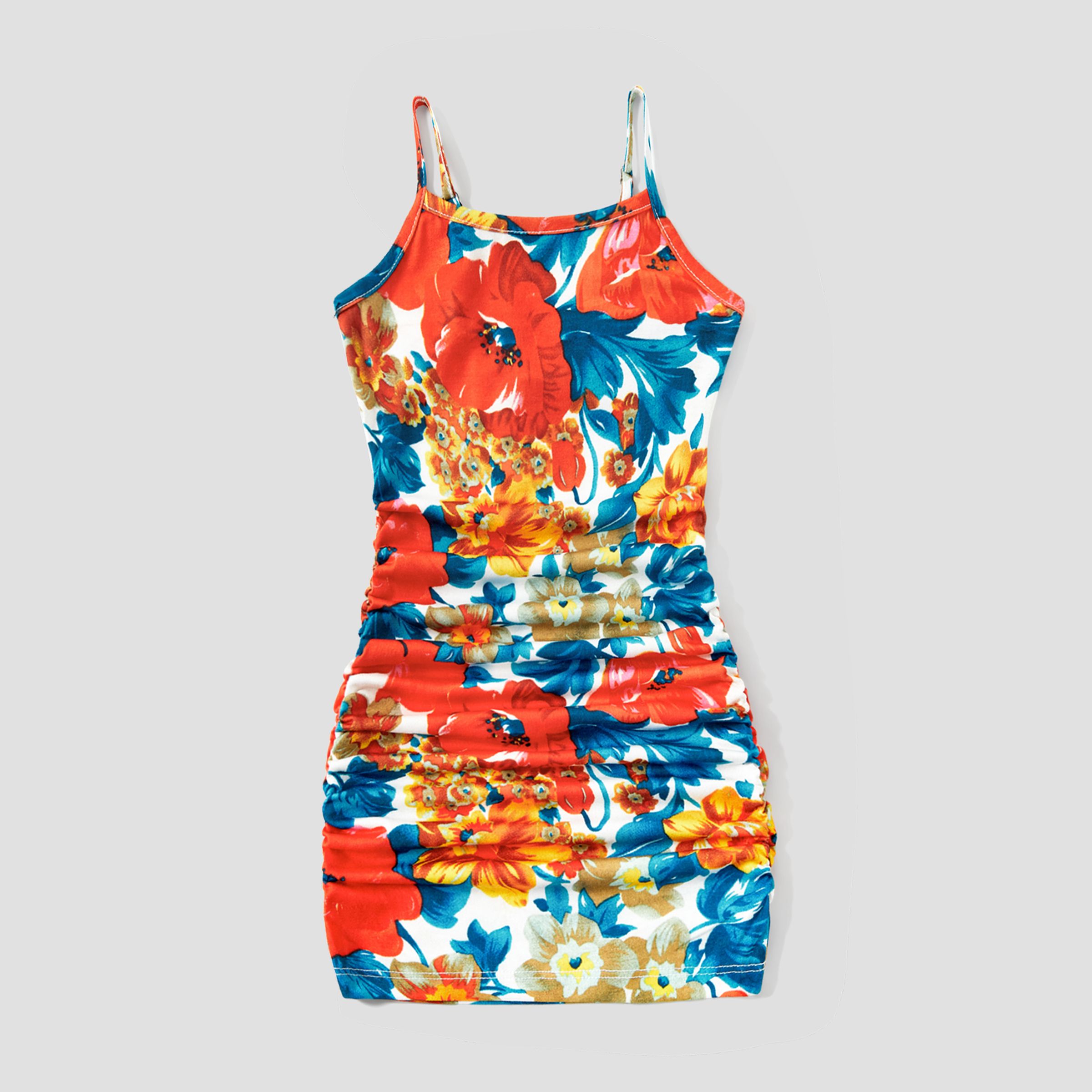 Family Matching Floral Panel T-Shirt And Ruched Drawstring Side Bodycon Strap Dress Sets