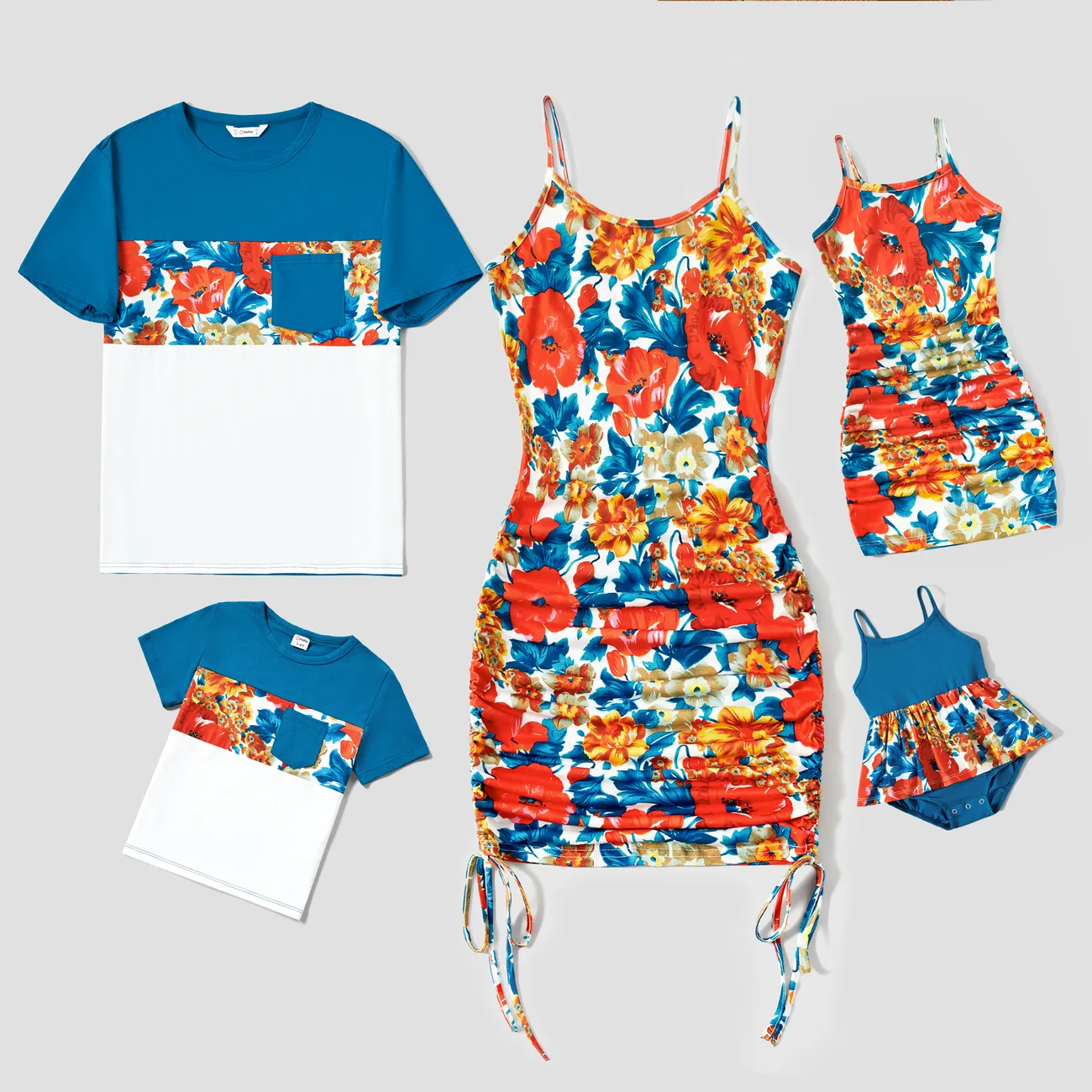 Family Matching Floral Panel T-Shirt and Ruched Drawstring Side Bodycon Strap Dress Sets MultiColour big image 1