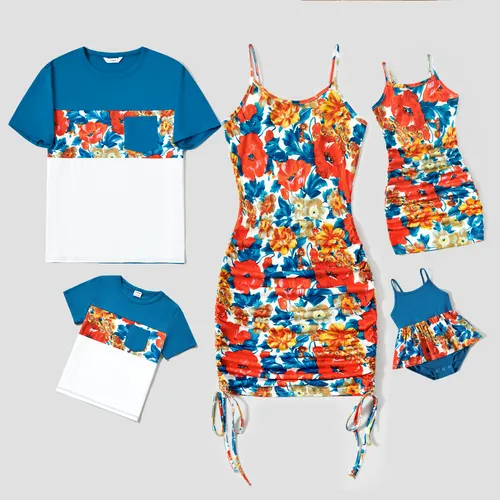 Family Matching Floral Panel T-Shirt and Ruched Drawstring Side Bodycon Strap Dress Sets