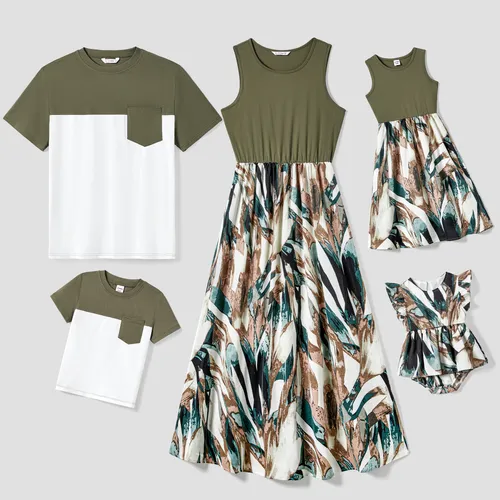 Family Matching Colorblock T-Shirt and Tank Top Spliced Floral A-Line Dress Sets