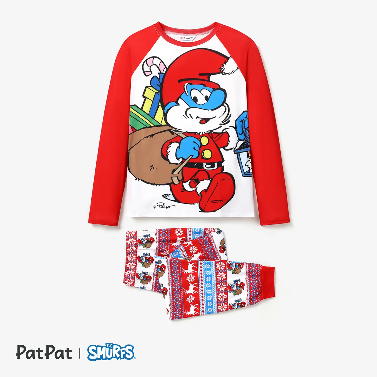 Os Smurfs Natal Look de família Manga comprida Conjuntos de roupa para a família Pijamas (Flame Resistant) Vermelho big image 1