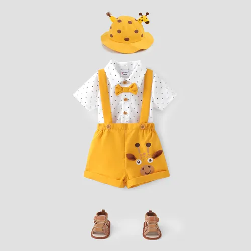Baby Boy 2pcs Polka Dots Bowknot Shirt e Girafa Print Overall Shorts Set / Chapéu Girafa / Sandálias