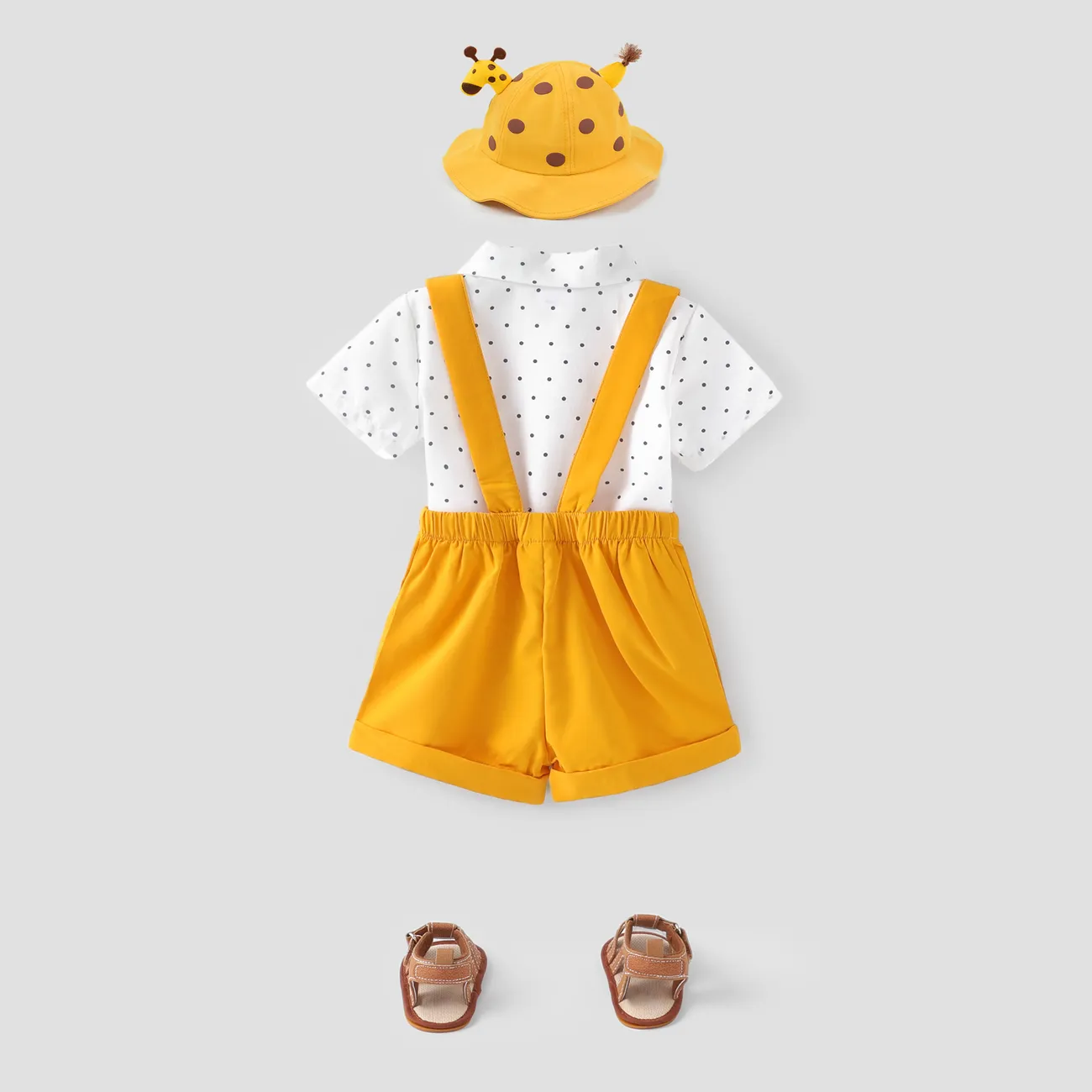 Baby Boy 2pcs Polka Dots Bowknot Shirt e Girafa Print Overall Shorts Set / Chapéu Girafa / Sandálias Amarelo big image 1