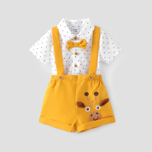 Baby Boy 2pcs Polka Dots Bowknot Shirt and  Giraffe Print Overall Shorts Set