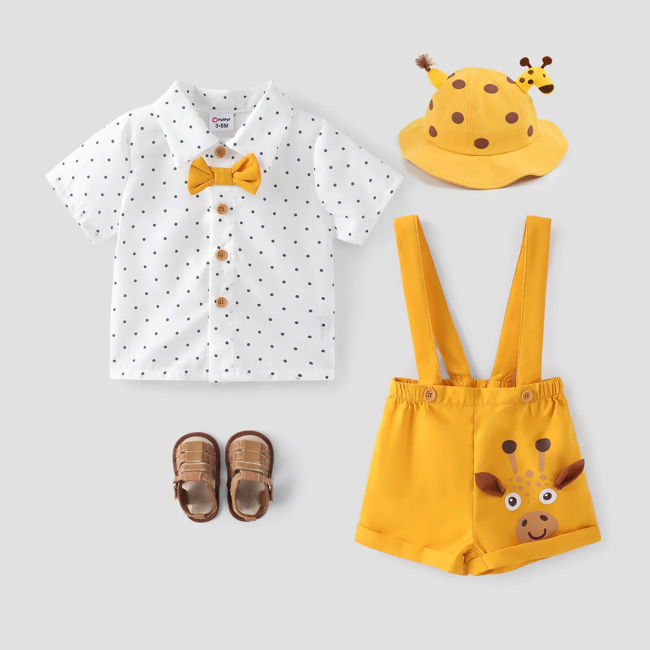 Baby Boy 2pcs Polka Dots Bowknot Shirt and  Giraffe Print Overall Shorts Set/ Giraffe Hat/ Sandals Yellow big image 1