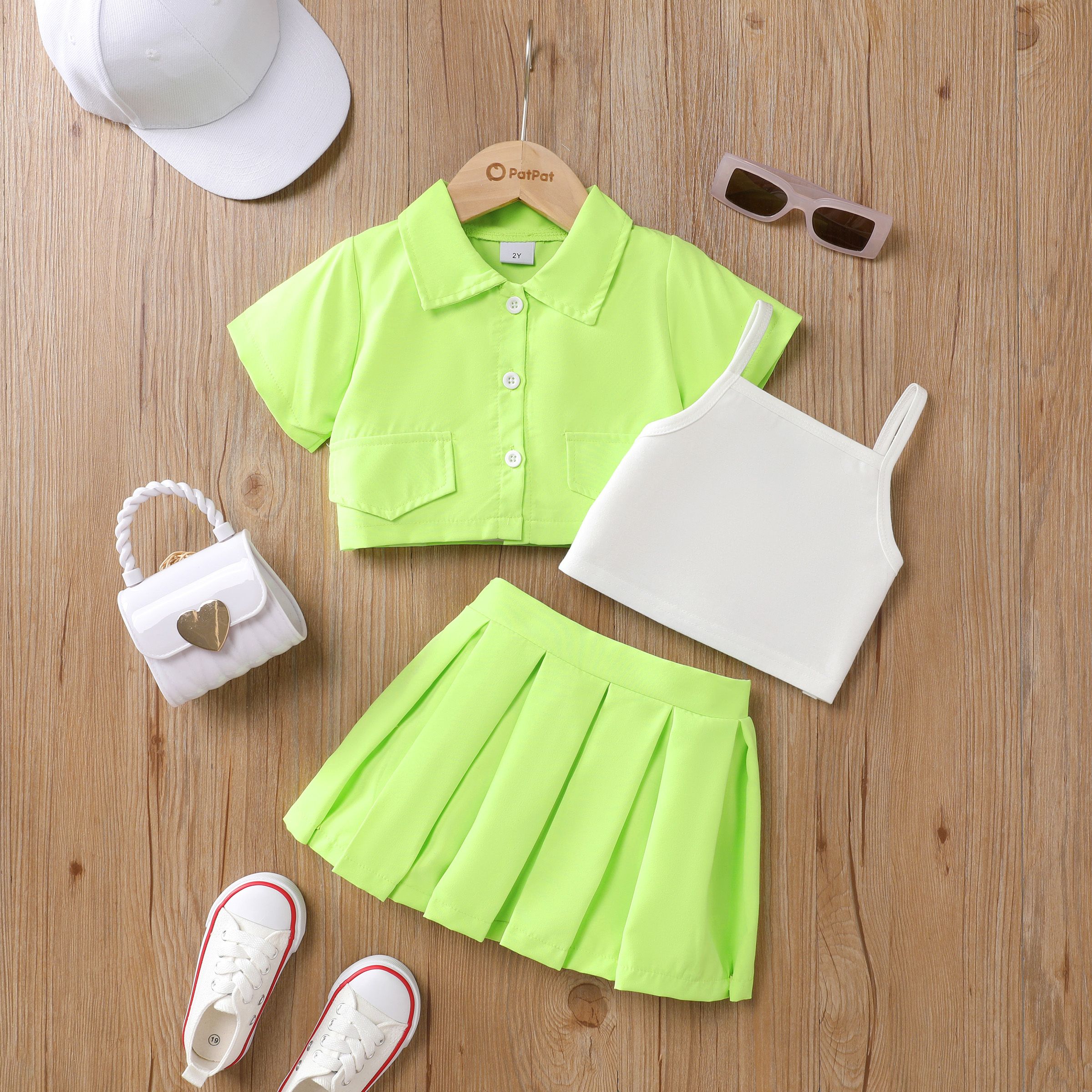 3pcs Toddler Girls  Solid Color Avant-garde Short Sleeve Lapel Top and Dress Set