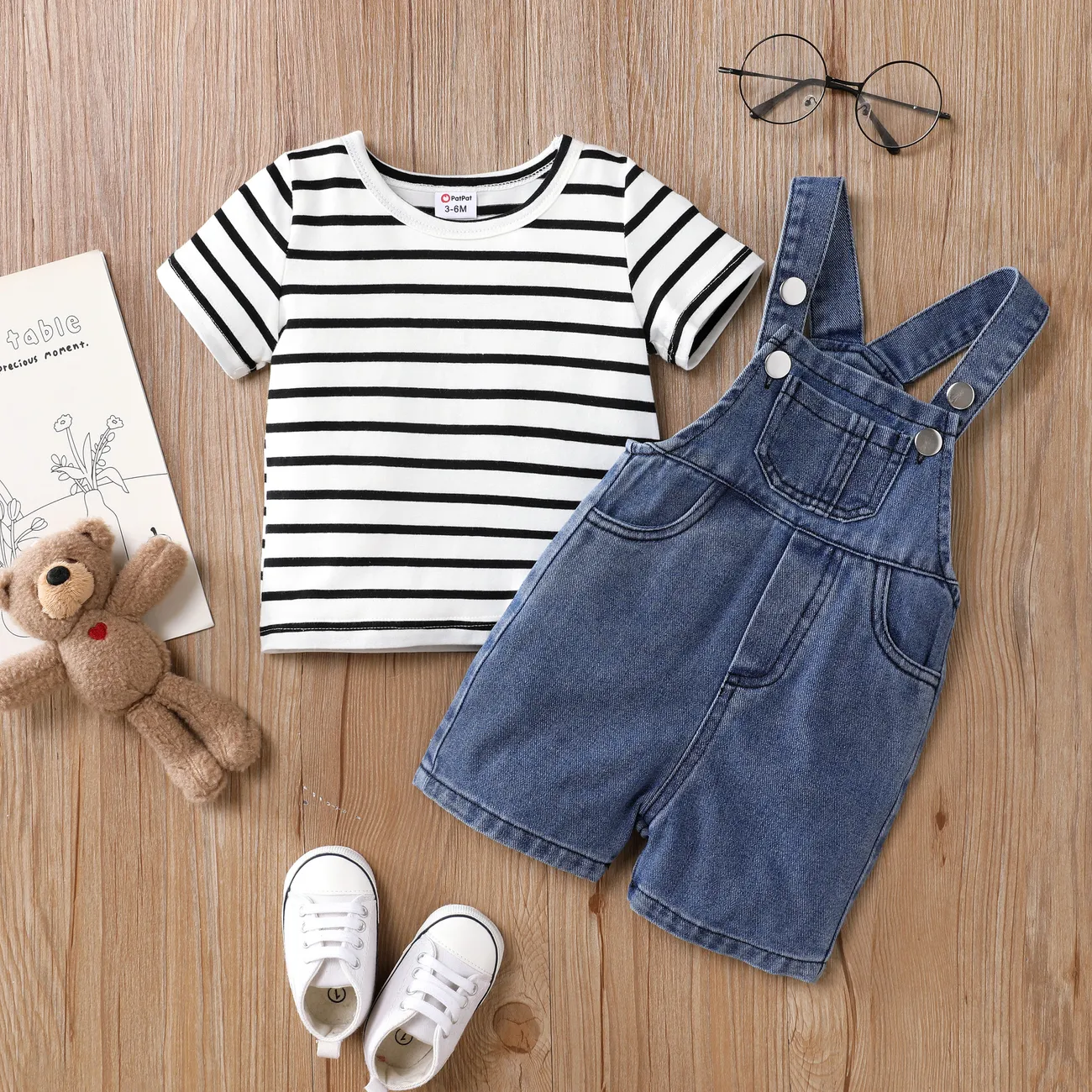 2pcs Baby Boy/Girl  Casual Stripe Top and Patch Pocket Denim Overall Shorts  DENIMBLUE big image 1
