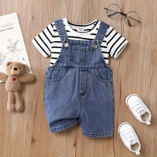 2pcs Baby Boy/Girl  Casual Stripe Top and Patch Pocket Denim Overall Shorts 