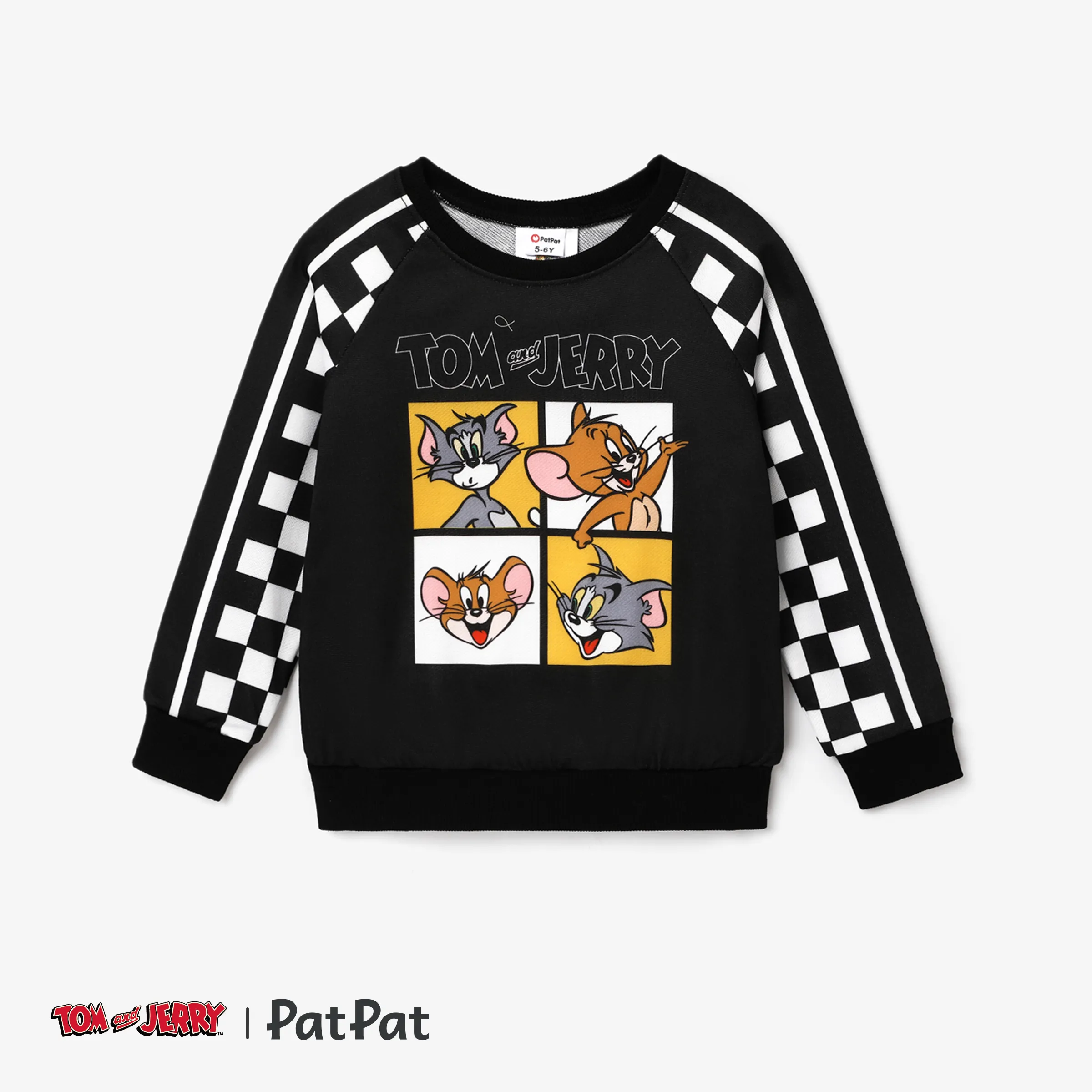 Tom And Jerry Family Boys' Checkerboard Pattern Crew Neck Sweatshirt