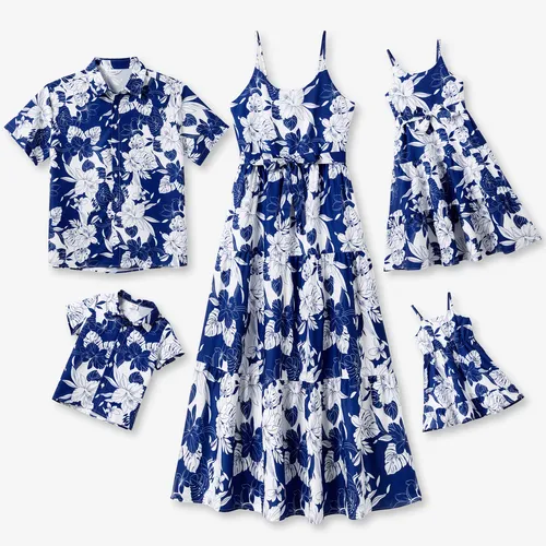 Family Matching Floral Beach Shirt and A-Line Ruffle Hem Strap Dress Sets