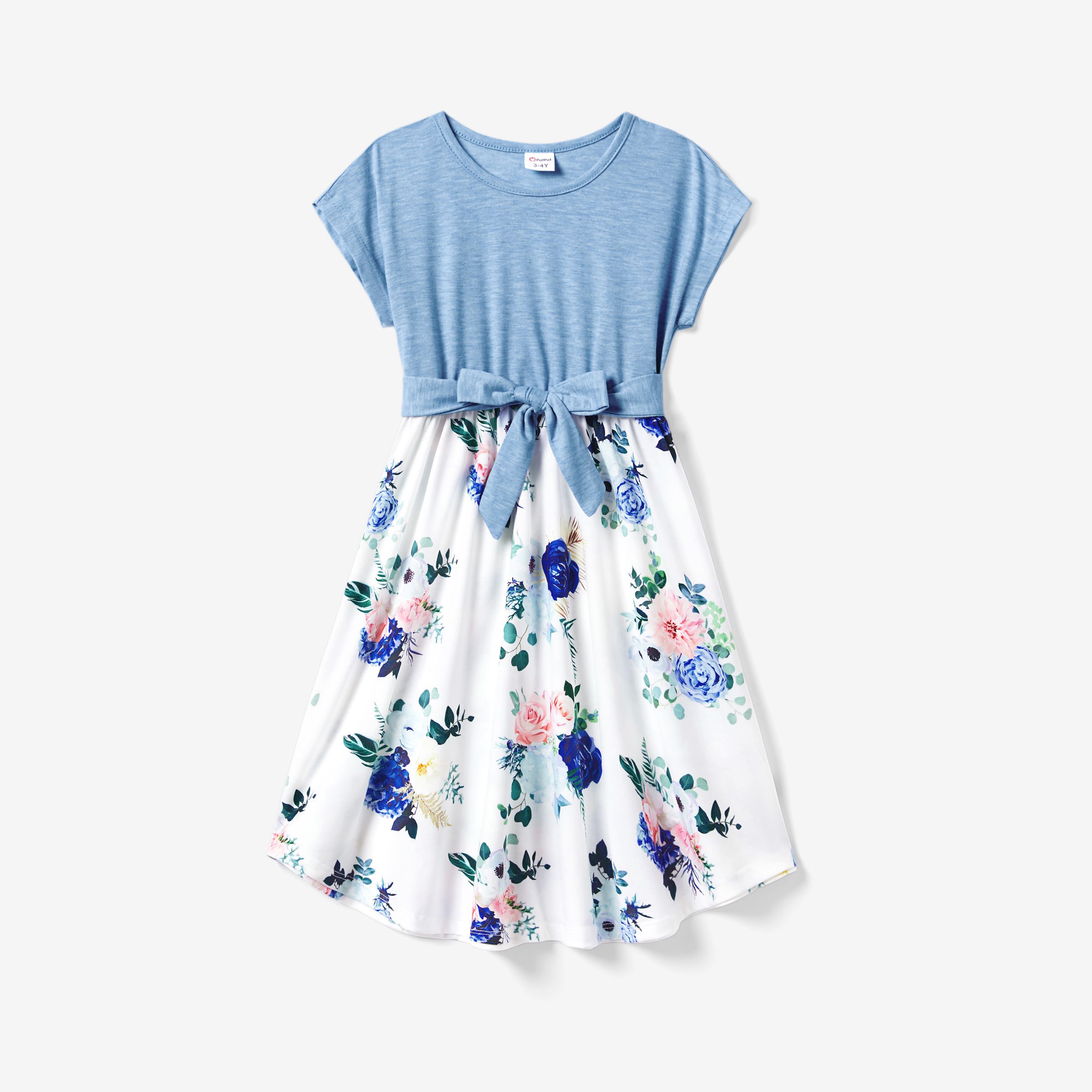 Family Matching Floral Colorblock T-Shirt And Quarter Button Belted Spliced A-Line Dress Sets
