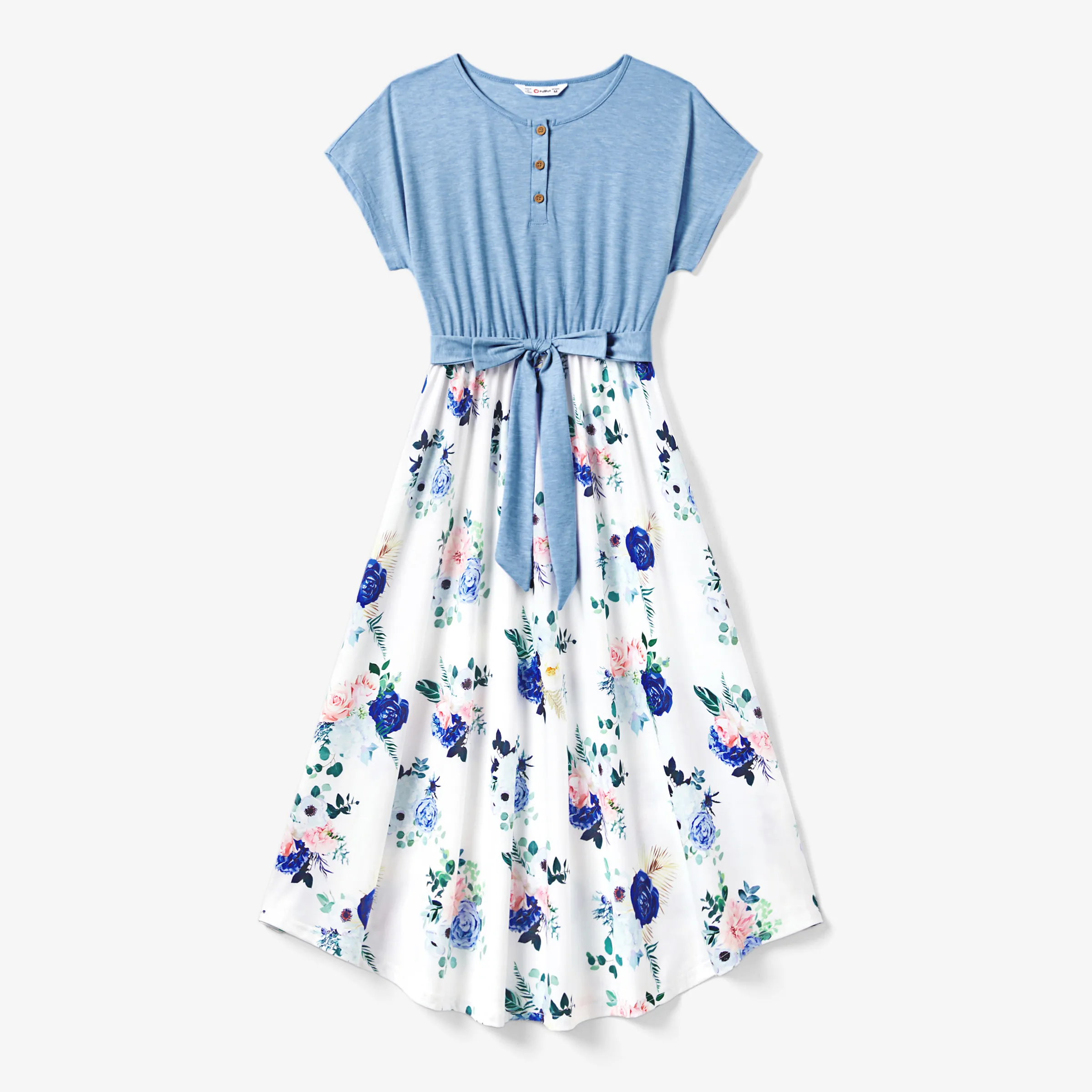 Family Matching Floral Colorblock T-Shirt And Quarter Button Belted Spliced A-Line Dress Sets