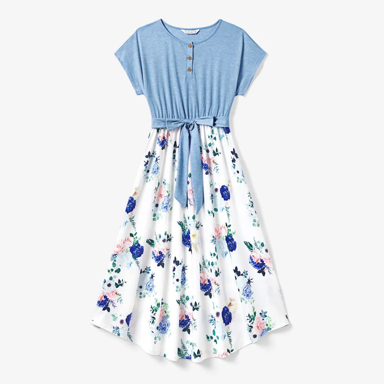 Family Matching Floral Colorblock T-Shirt and Quarter Button Belted Spliced A-Line Dress Sets lightskyblue big image 1