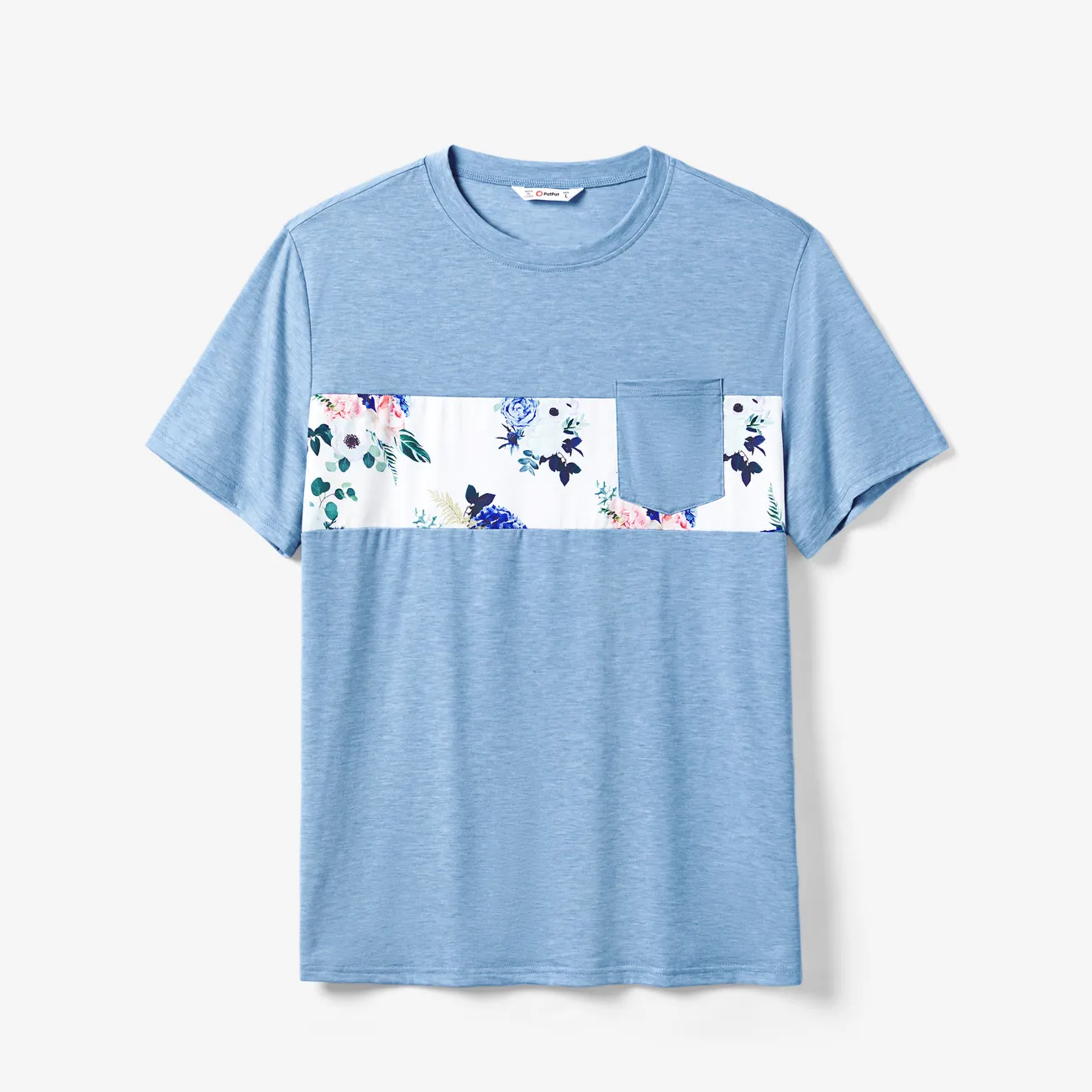 Family Matching Floral Colorblock T-Shirt and Quarter Button Belted Spliced A-Line Dress Sets lightskyblue big image 1