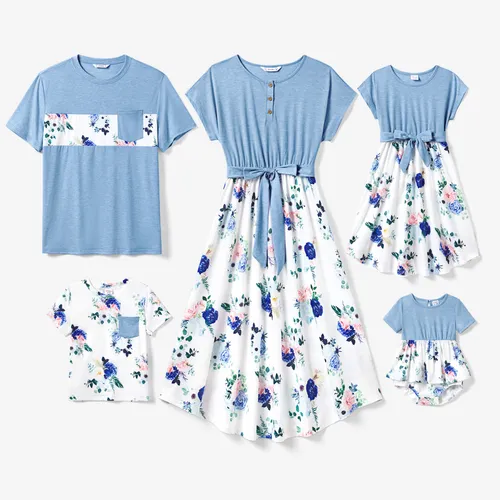 Family Matching Floral Colorblock T-Shirt and Quarter Button Belted Spliced A-Line Dress Sets