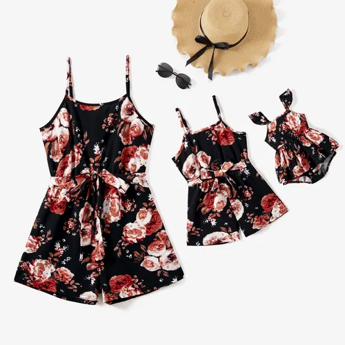 Mommy and Me Floral Large Belted Strap Romper