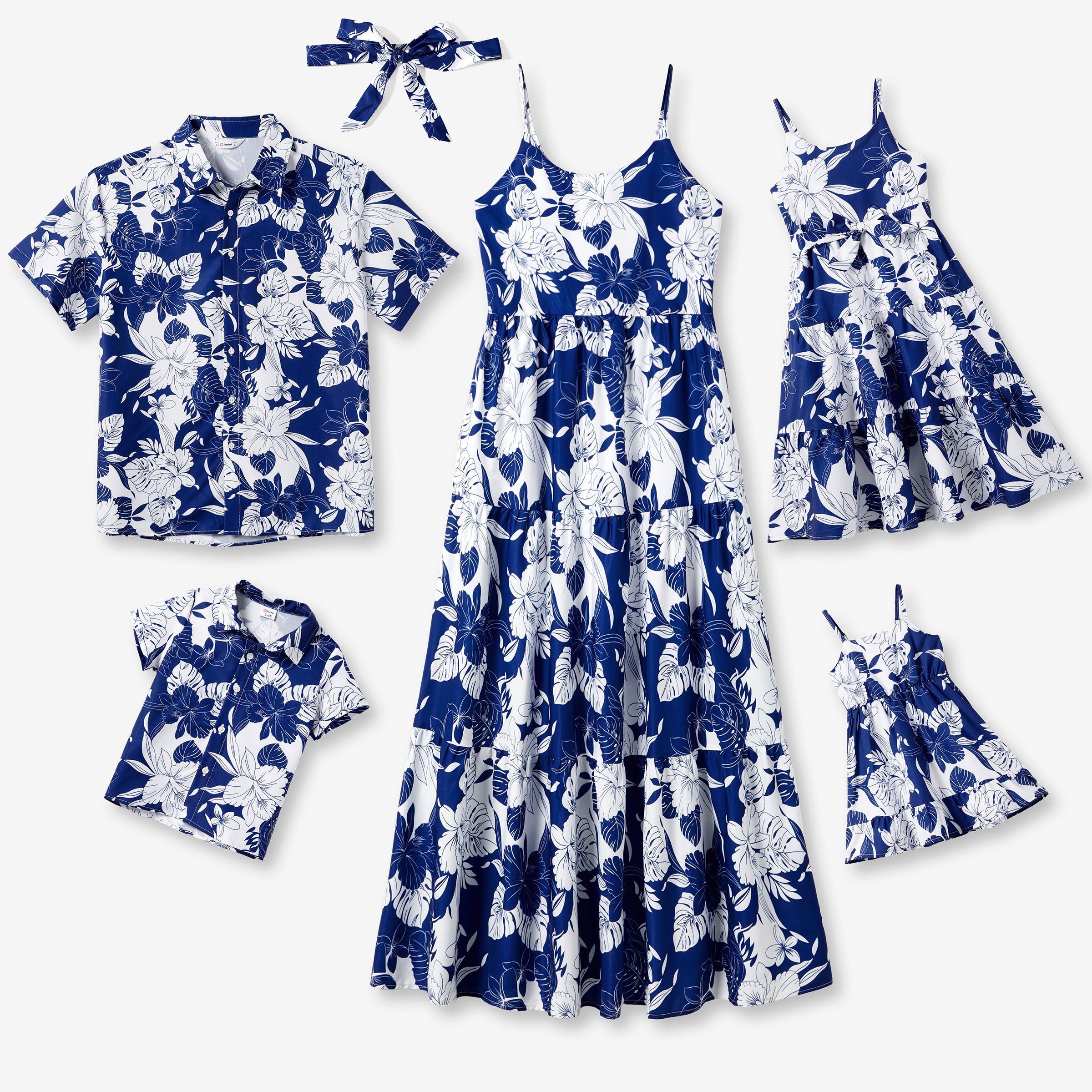 Family Matching Floral Beach Shirt And A-Line Ruffle Hem Strap Dress Sets
