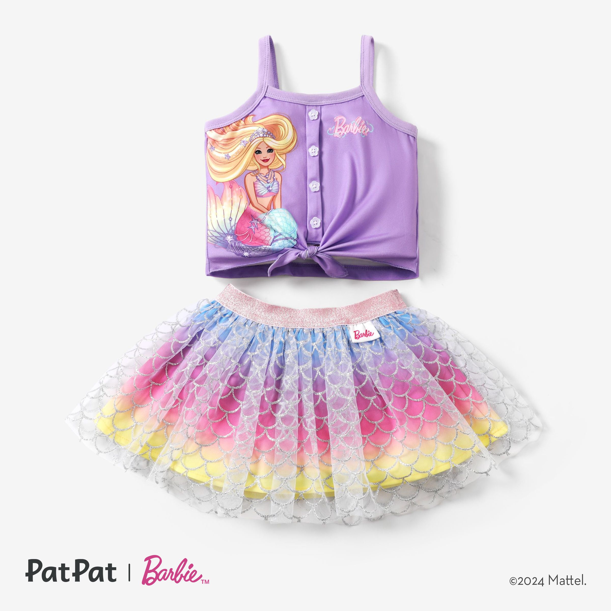 芭比娃娃 2 件裝蹣跚學步的女孩美人魚彩虹網眼連衣裙套裝