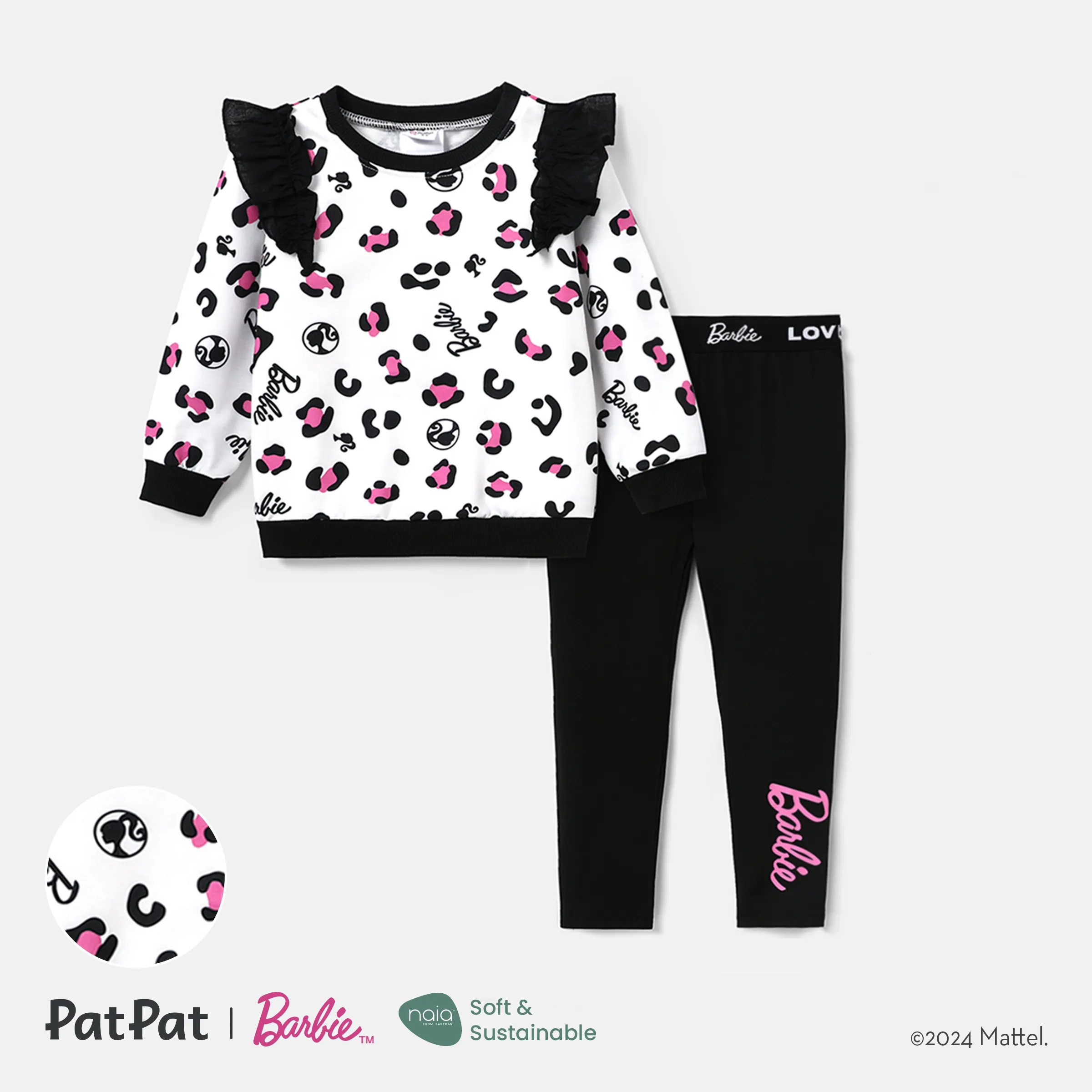 Barbie Toddler Girl 2pcs Naia™ Leopard Pattern Ruffled Long-sleeve Pullover And Letter Print Leggings Set