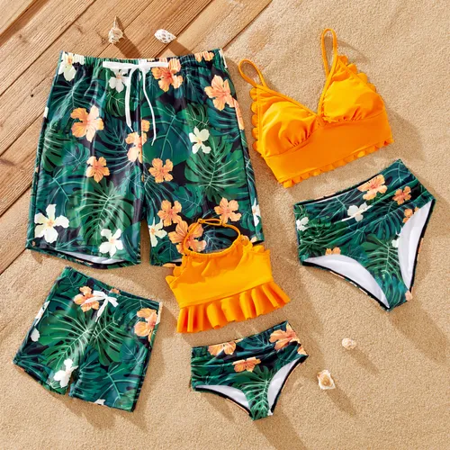 Family Matching Floral Drawstring Swim Trunks or Scalloped Trim Two-Piece Strap Swimsuit