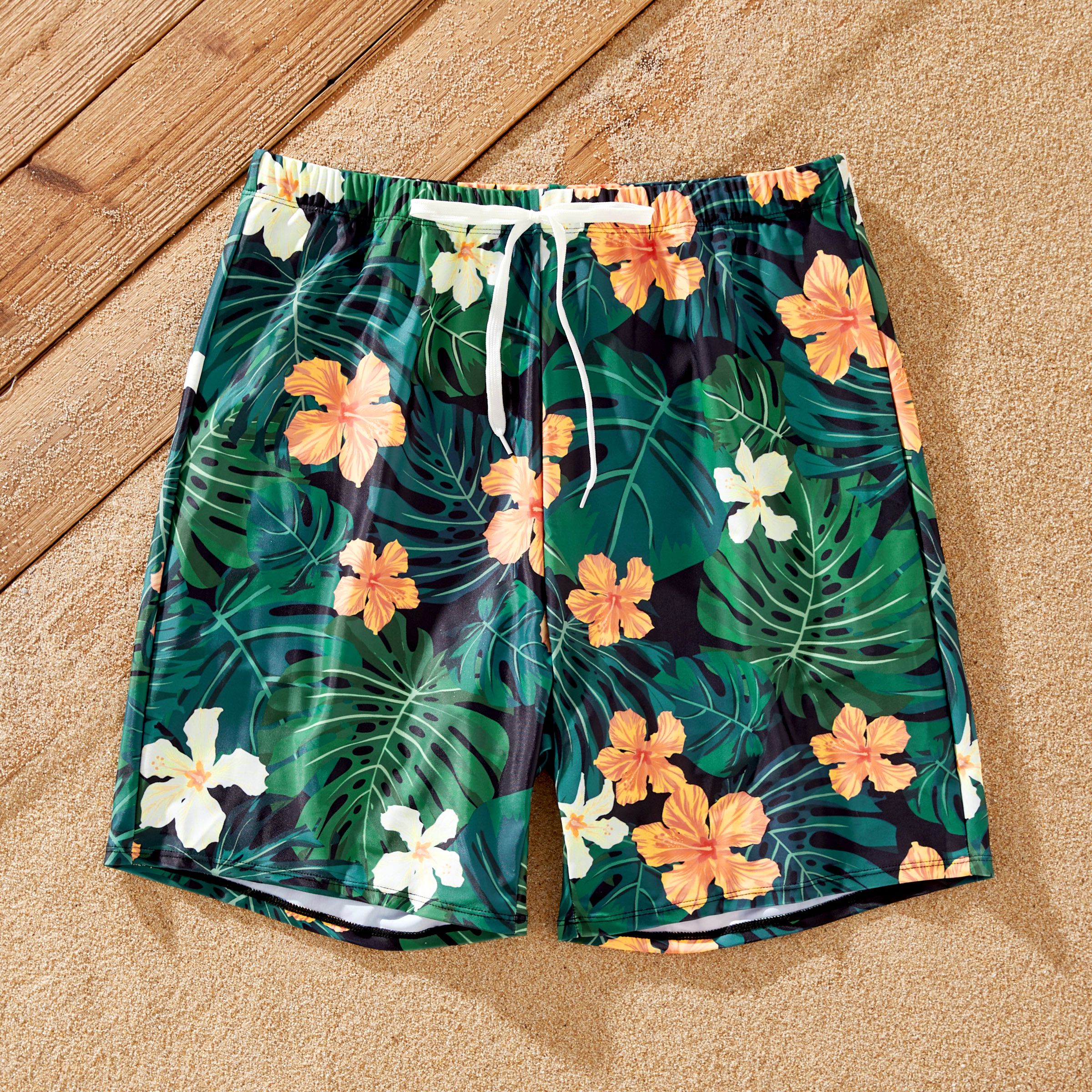 Family Matching Floral Drawstring Swim Trunks Or Scalloped Trim Two-Piece Strap Swimsuit