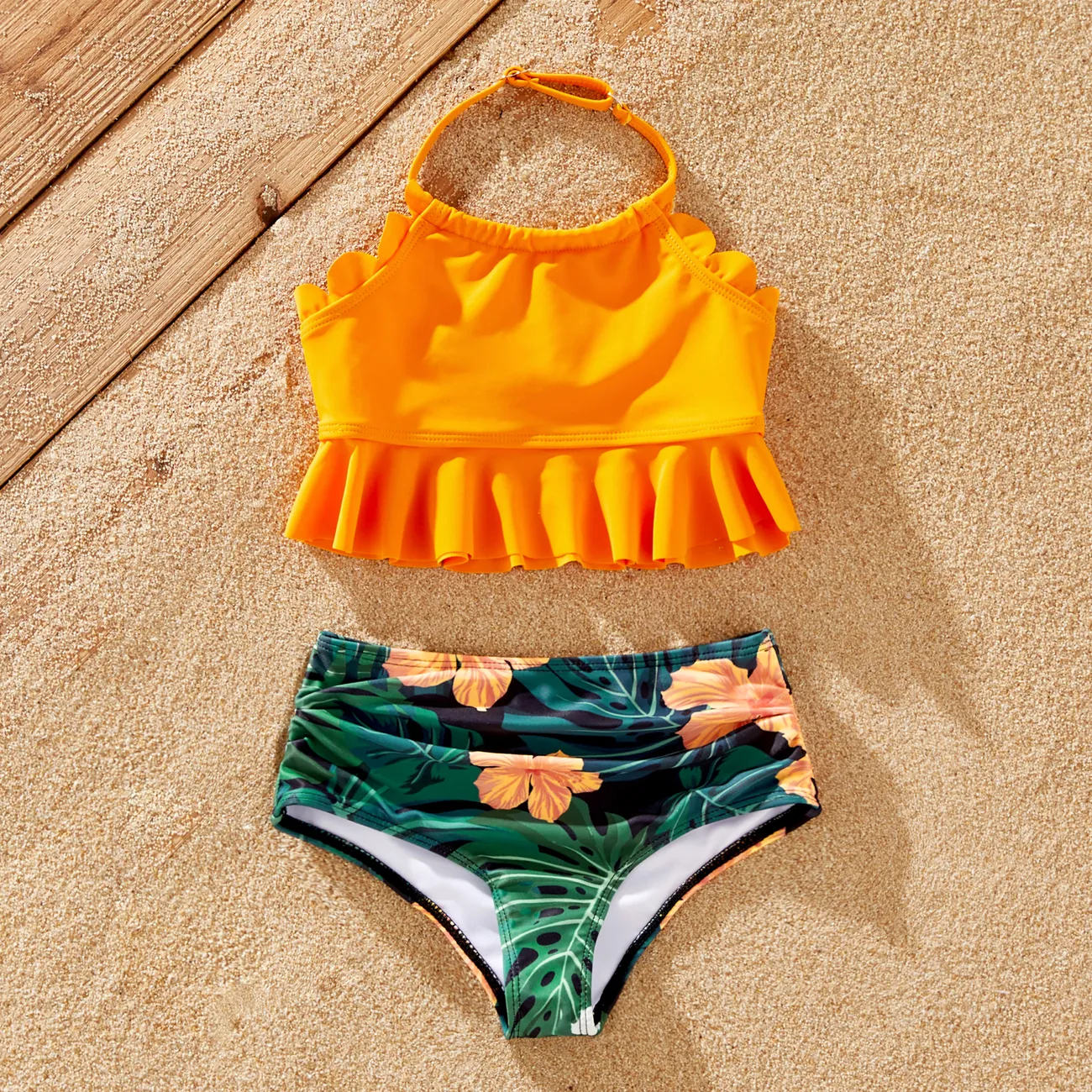 ملابس السباحة إطلالة العائلة للجنسين النباتات والزهور البرتقالي big image 1
