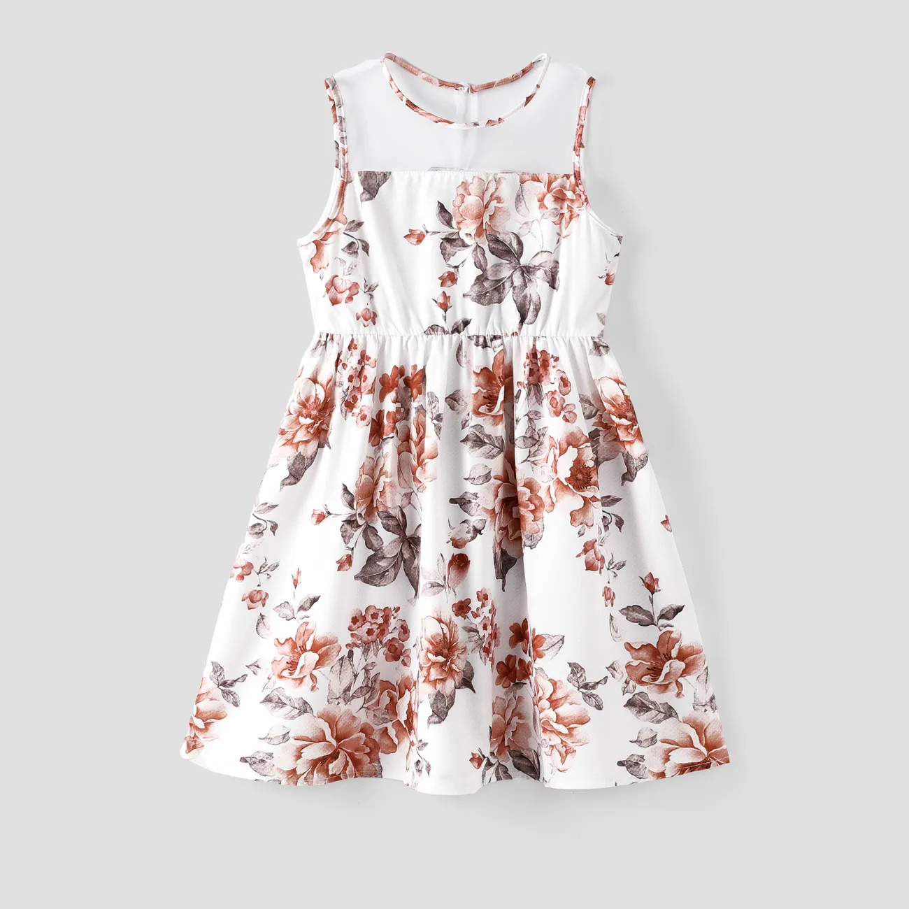 Kid Girl Floral Print Mesh Design Sleeveless Dress DarkOrange big image 1