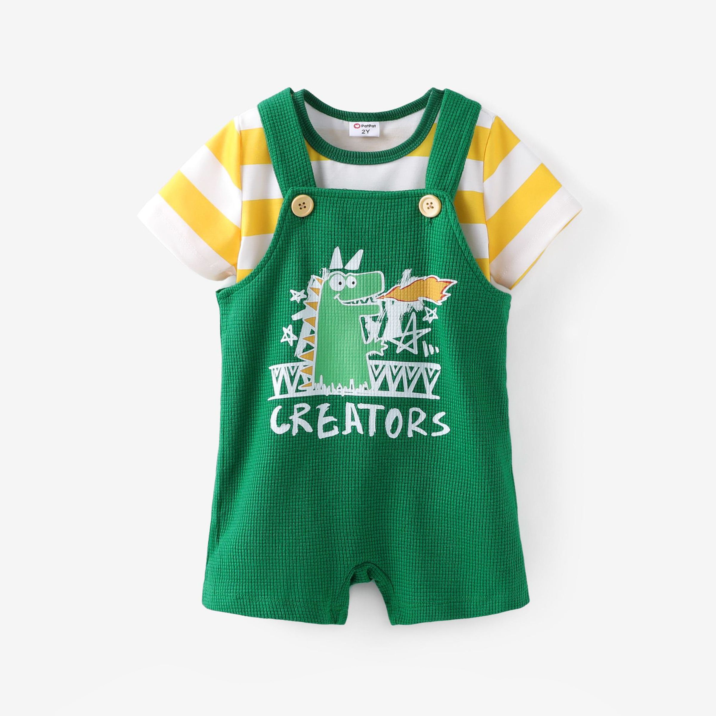 

Toddler Boy 2pcs Striped Tee and Dino Print Overalls Shorts Set/ 5-Pack Socks/ Sports Shoes