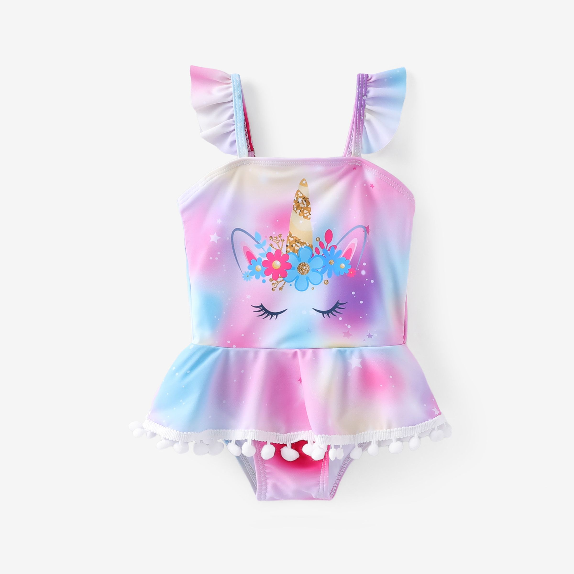 Toddler Girl Unicorn Print Flutter Sleeve One-Piece Swimsuit/ Flip-flops Slippers