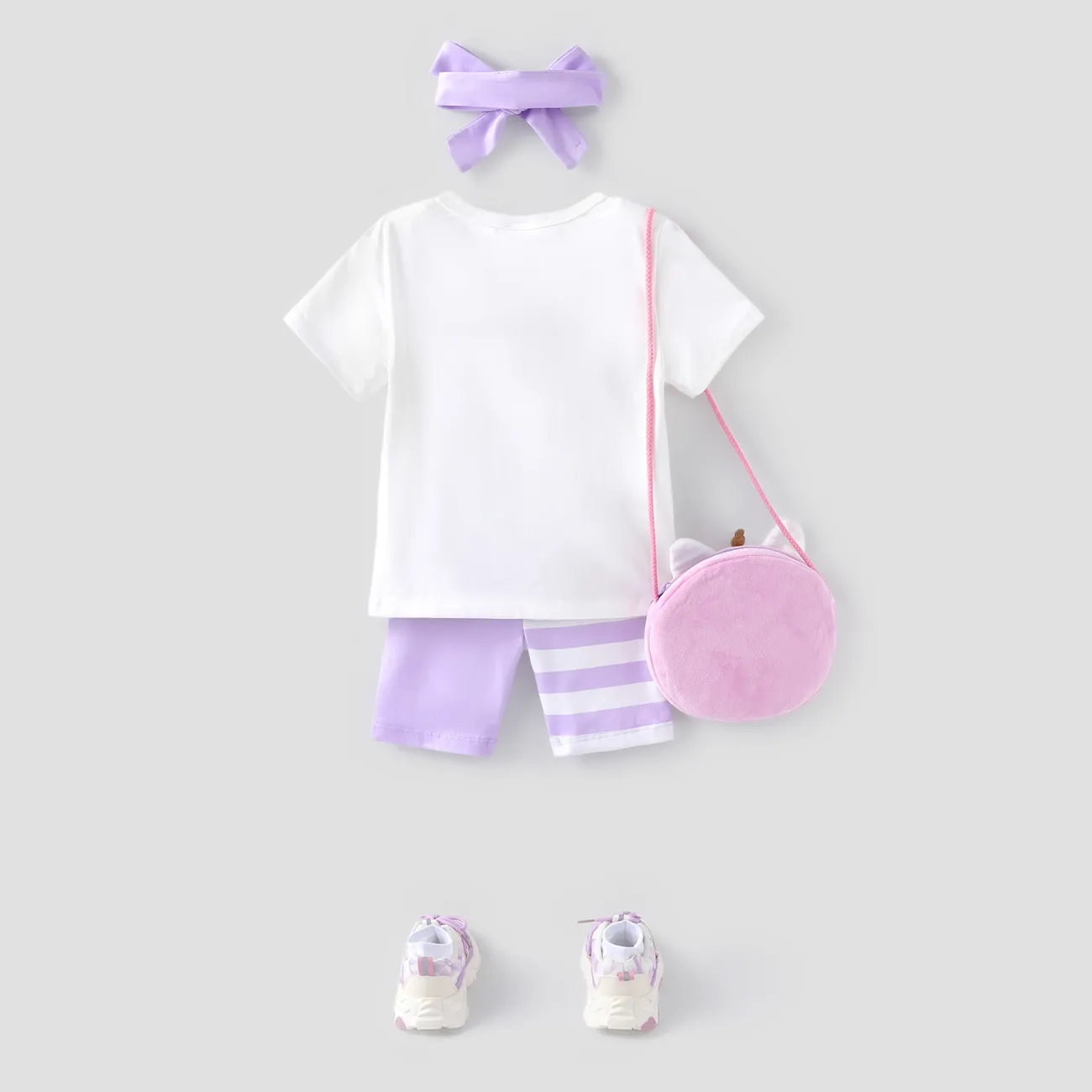 Kleinkindmädchen 3pcs Einhorn-Print-T-Shirt und Shorts und Stirnband-Set / Einhorn-förmige Tasche / 5 Paar Socken / Sportschuhe lila big image 1