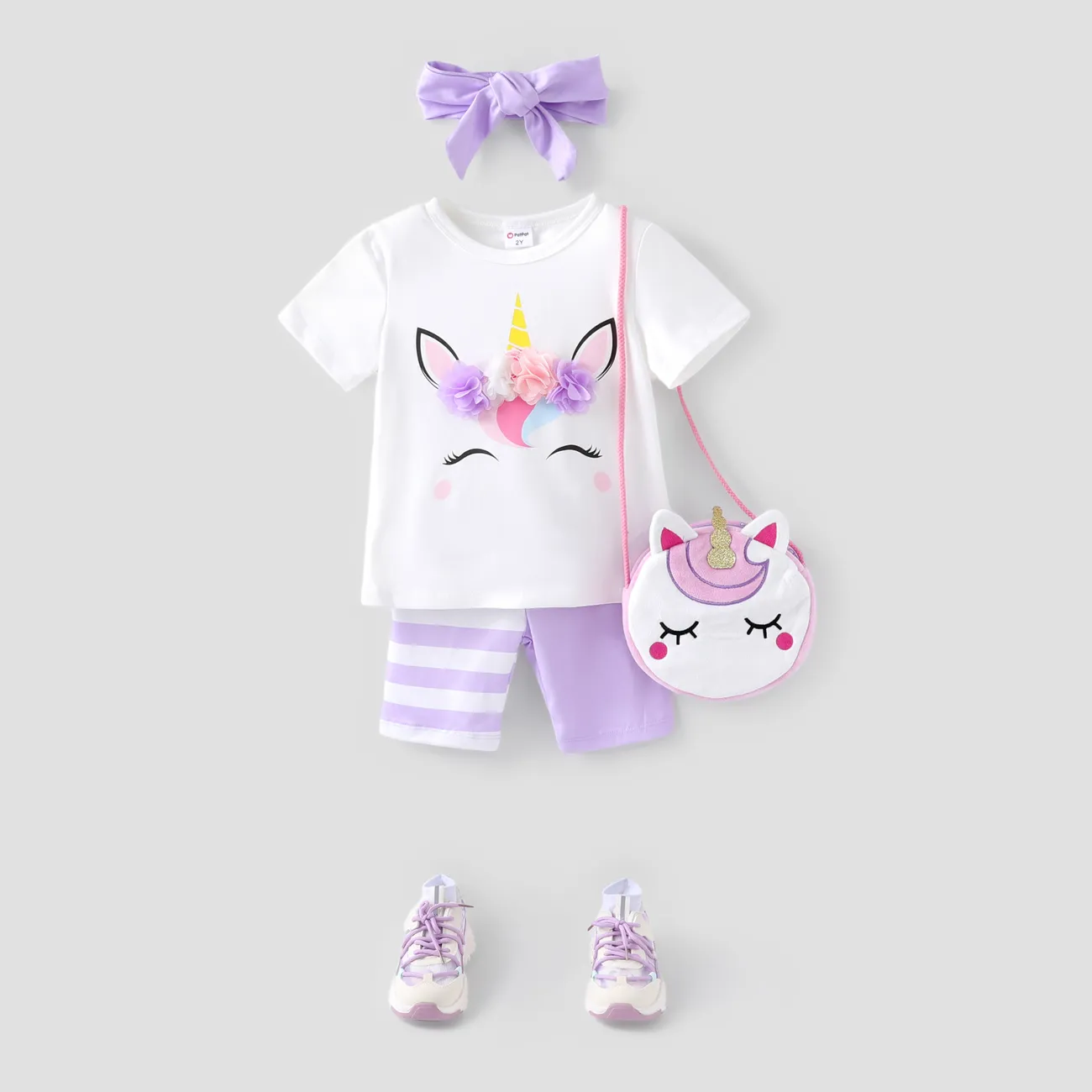 Camiseta y pantalones cortos con estampado de unicornio para niñas pequeñas de 3 piezas y conjunto de diadema / bolsa con forma de unicornio / 5 pares de calcetines / zapatos deportivos Púrpura big image 1