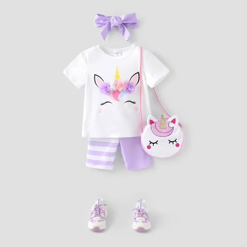 Camiseta y pantalones cortos con estampado de unicornio para niñas pequeñas de 3 piezas y conjunto de diadema / bolsa con forma de unicornio / 5 pares de calcetines / zapatos deportivos