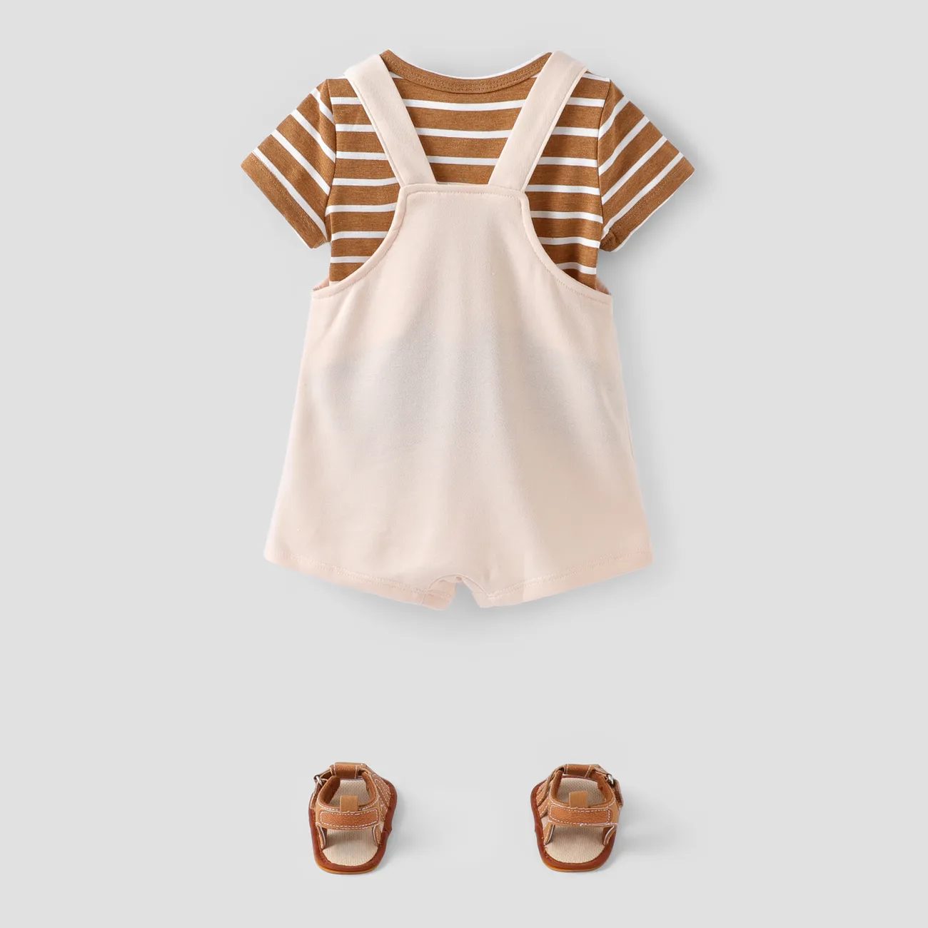 Baby Boy 2pcs Stripe Pattern Tee and Lion Print Overalls Shorts Set/ Sandals Khaki big image 1