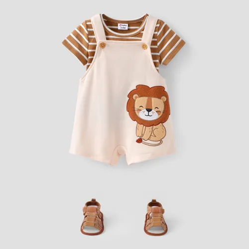 Baby Boy 2pcs Stripe Pattern Tee and Lion Print Overalls Shorts Set/ Sandals