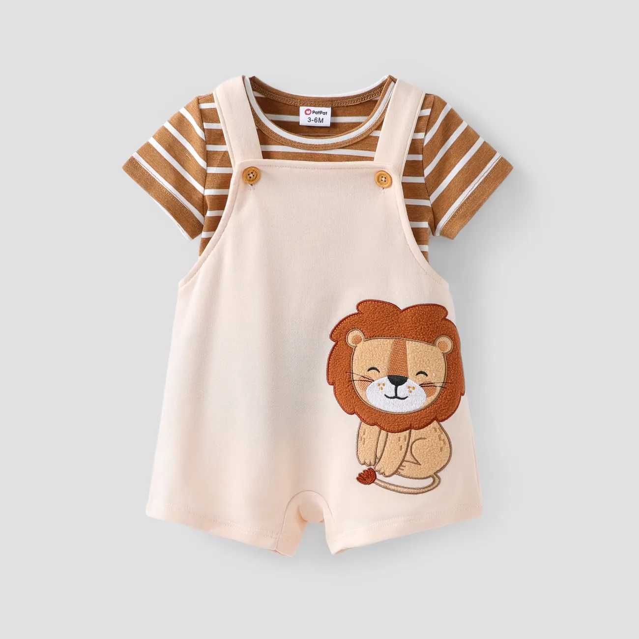 Baby Boy 2pcs Stripe Pattern Tee and Lion Print Overalls Shorts Set/ Sandals Khaki big image 1