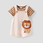 Baby Boy 2pcs Stripe Pattern Tee and Lion Print Overalls Shorts Set/ Sandals Khaki