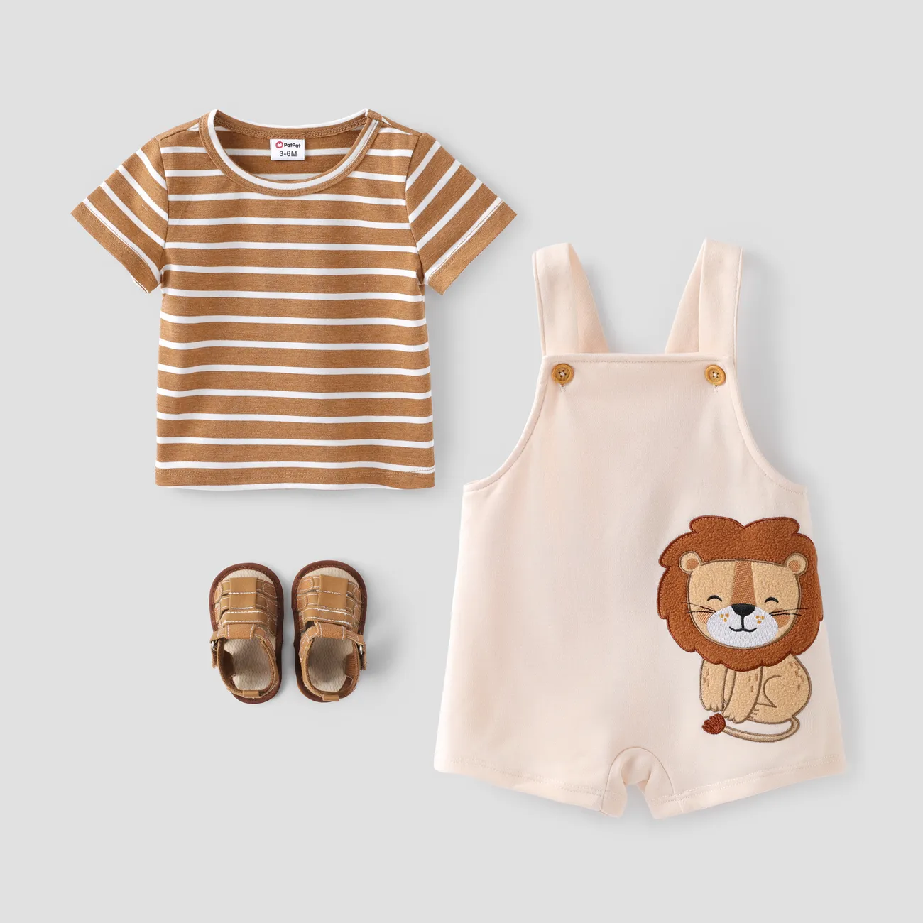 Baby Boy 2pcs 條紋圖案 T 恤和獅子印花工作服短褲套裝/涼鞋 卡其色 big image 1