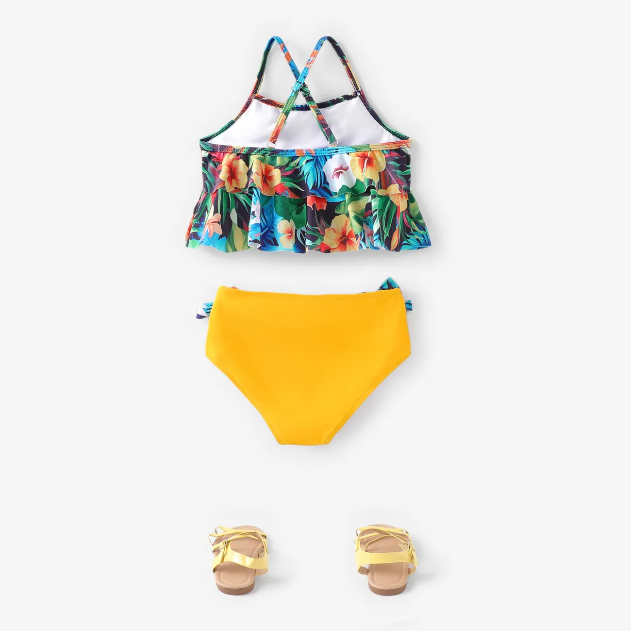 Kid Girl 2pcs Tropical Plant Hanging Strap Top and Shorts Swimsuits Set Yellow big image 1