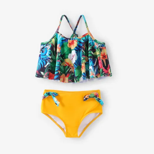 Kid Girl 2pcs Tropical Plant Hanging Strap Top and Shorts Swimsuits Set
