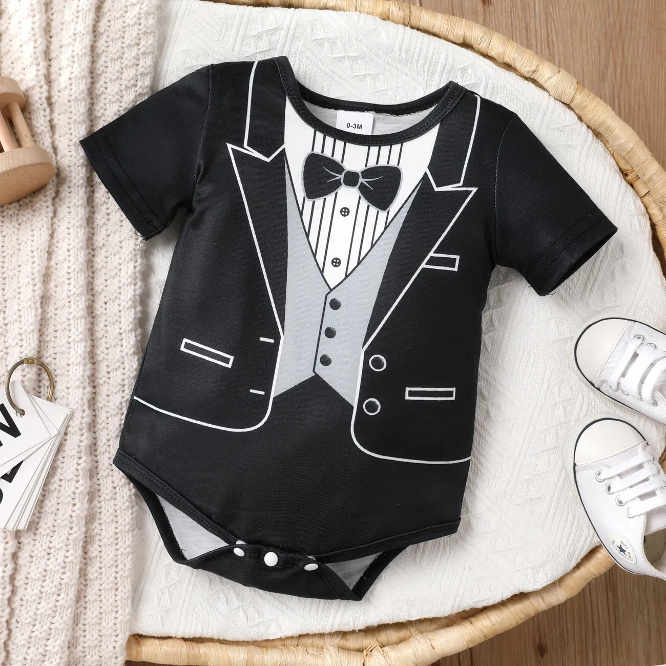 Baby Boy's Basic Short Sleeve Romper with Stylish Necktie Black big image 1