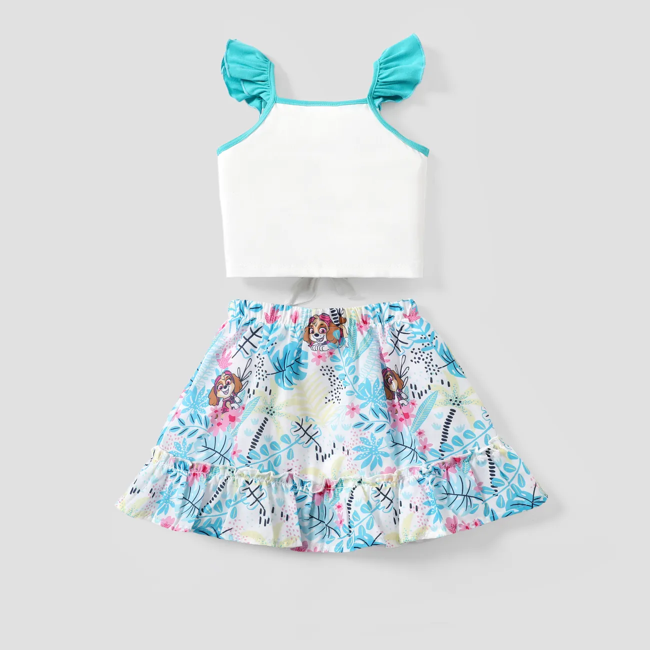 PAW Patrol 2pcs Toddler Girls Ruffled-Sleeve Waist-twist Top and Floral Print Skirt Set
 greenwhite big image 1