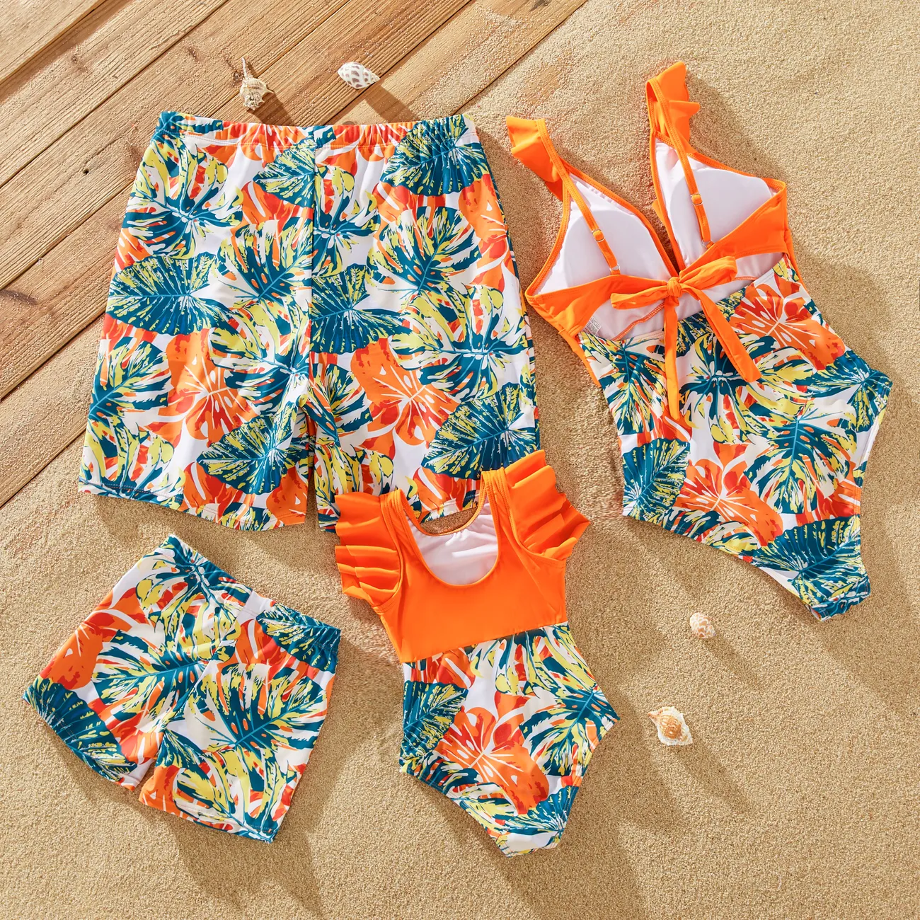 Family Matching Orange and All Over Tropical Plant Print Splicing Ruffle One-Piece Swimsuit and Swim Trunks Shorts Orange color big image 1