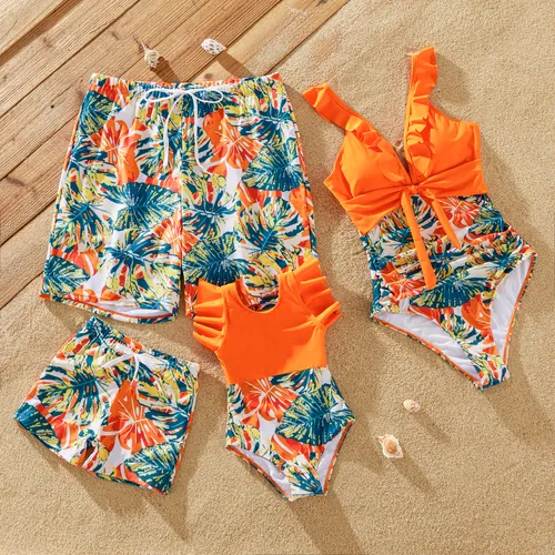 Family Matching Orange and All Over Tropical Plant Print Splicing Ruffle One-Piece Swimsuit and Swim Trunks Shorts