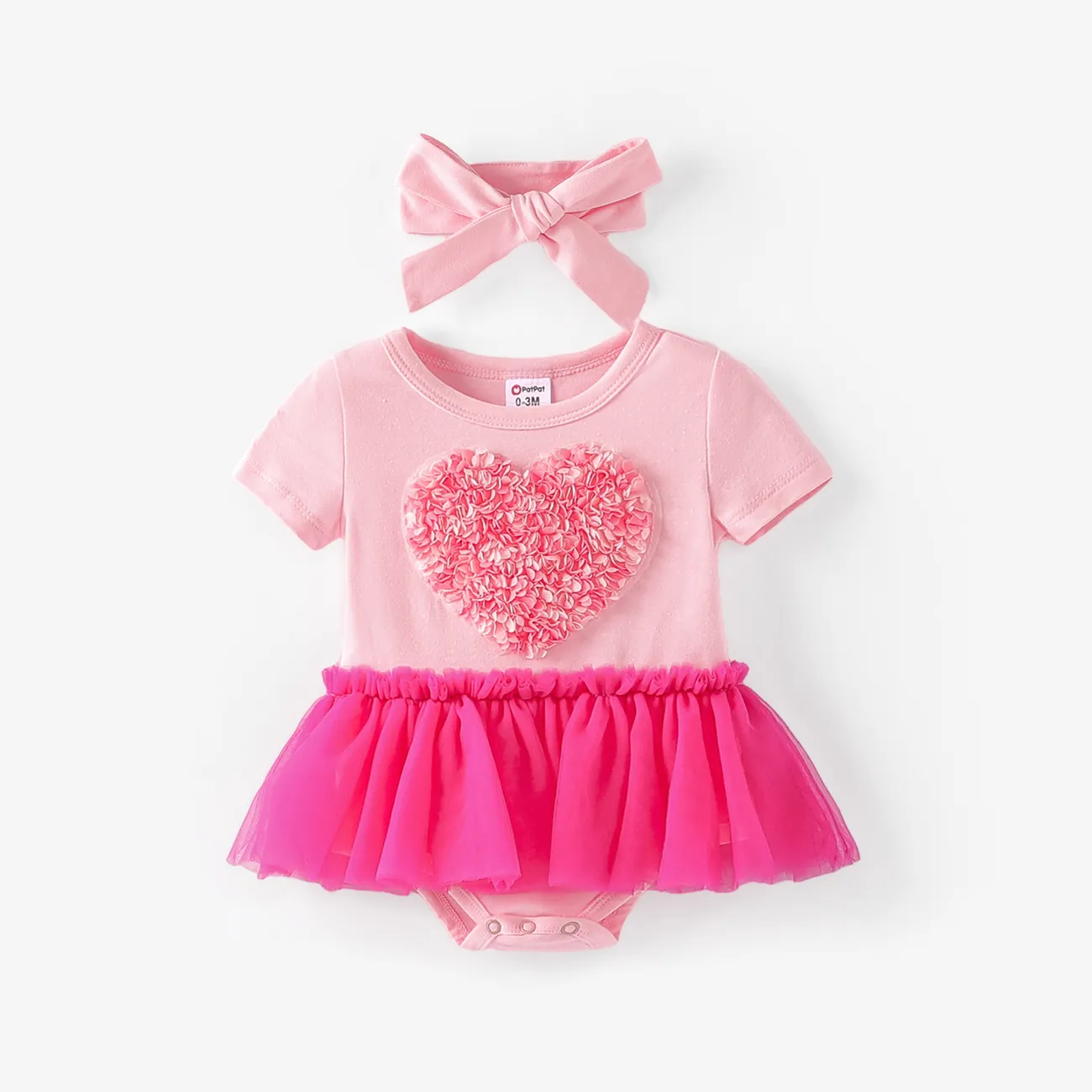 Baby Girl  2pcs Heart-shaped Mesh Romper and Headband Set Pink big image 1