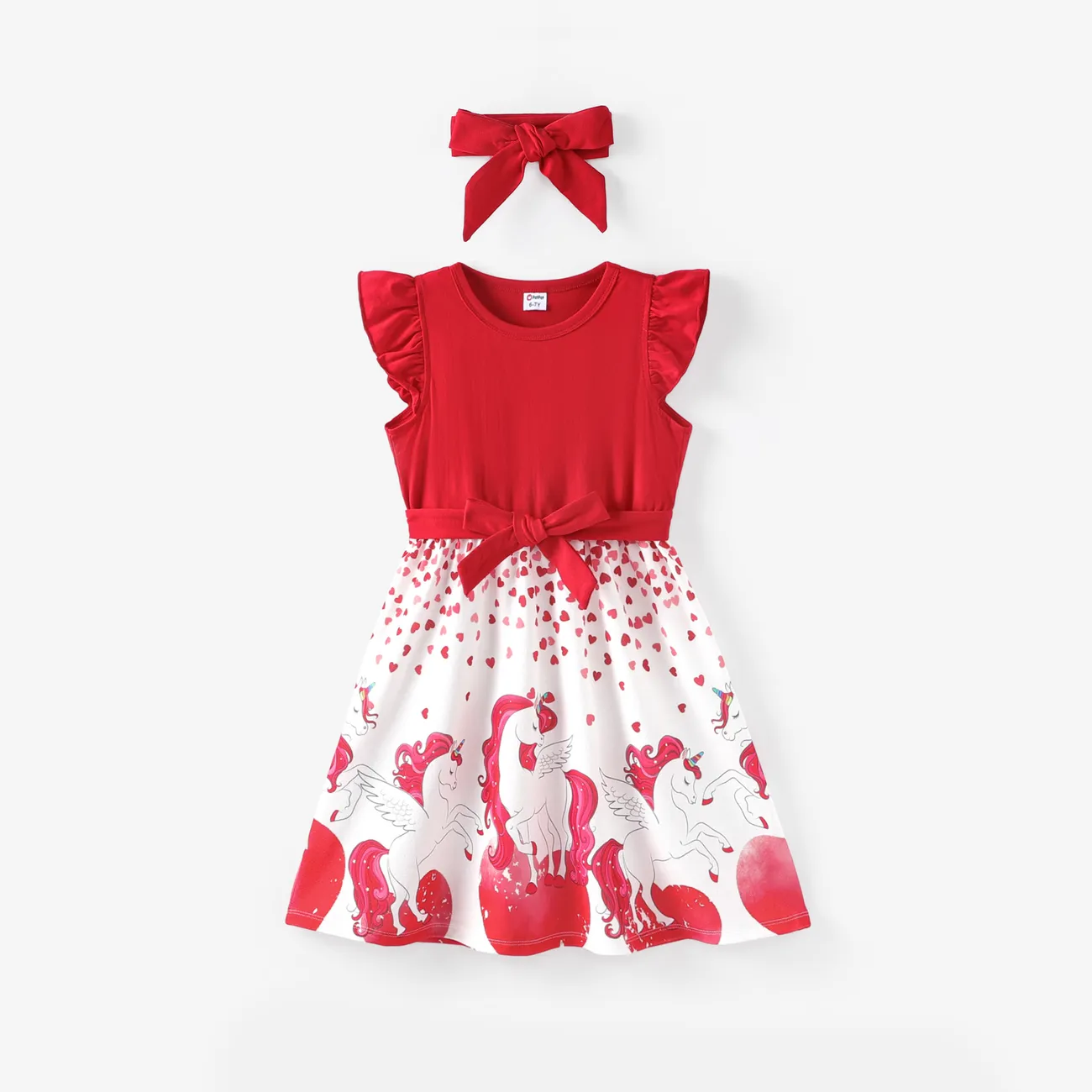 Kid Girl Valentine's Day 2pcs Unicorn Print Flutter Sleeve Dress with Headband REDWHITE big image 1