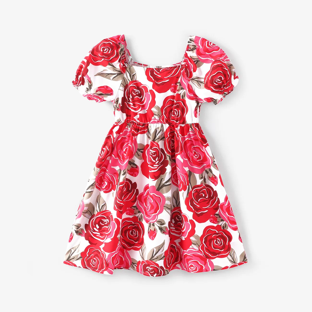 Kid Girl Floral Print Puff-sleeve Dress Red big image 1